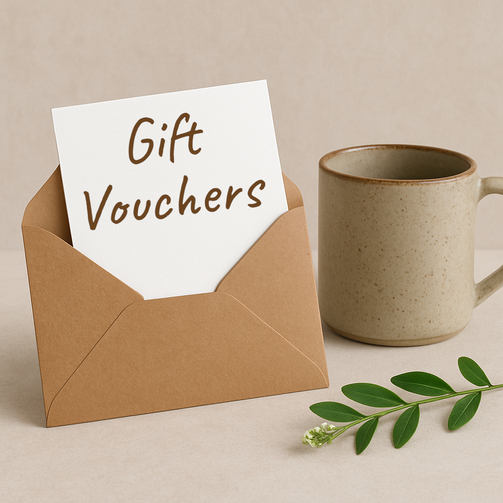 white card with text saying 'gift vouchers' coming out of a brown envelope that is stood nect to a beige mug and a small leafy branch on a neutral background