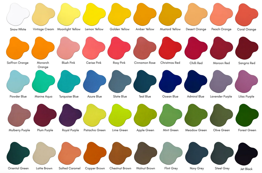 A colour chart with 50 colour swatches of the Kiwi Underglaze range