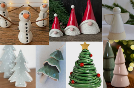 A collage of little ceramic Christmas ornaments glazed in reds, whites and greens. There are ornaments for a table or hanging on a tree such as Santa heads wearing hats and snowmen with stick arms while others are angel or tree shaped.